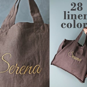 Linen Embroidered Tote Bag , Stonewashed Linen Bag, Grocery Bag, Beach Bag, Personalized Tote Bag