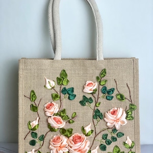 Ribbon Embroidery jute tote bag | Roses Embroidered jute tote bag | Floral laptop bag, Summer bag | personalized gifts | gifts for her