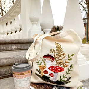 Shopper Bag Mushrooms and Ferns, Hand Embroidered Linen Bag, Embroidery Market Bag, Handmade Tote Bag, Bag for Women