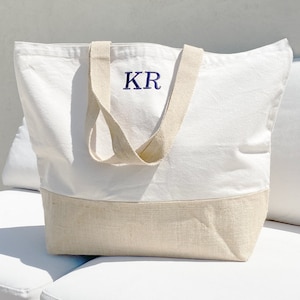Custom tote bag straw burlap beach bag weekend bag - Embroidered Canvas Tote Bag large shopper with monogram initials boat bag
