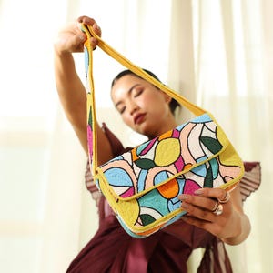 Floral Beaded Bag with Handle, Shoulder Bag Purse, Casual Hand Bag, Indian Handicraft, Hand Embroidered bag, Baguette bag, Beaded work