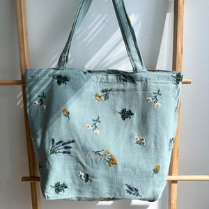 Boho Embroidered Floral Tote Bag in Sage Green Natural Beige – Daisy and Lavender Design with Zipper Closure Perfect Gift for Her