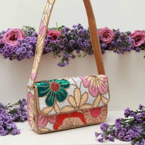 Floral Beaded Bag with Handle, Shoulder Bag Purse, Casual Hand Bag, Indian Handicraft, Hand Embroidered bag, Baguette bag, Beaded work