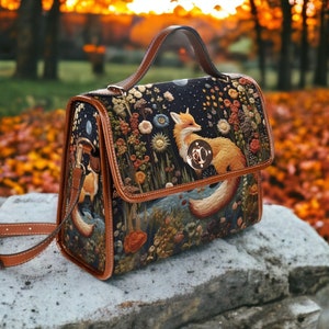 Faux-Embroidered Fox and Floral Handbag, Boho Cottagecore Witchy Fox Satchel, Boho Naturecore Fox Floral HandBag, Dark Forestcore Fox Purse