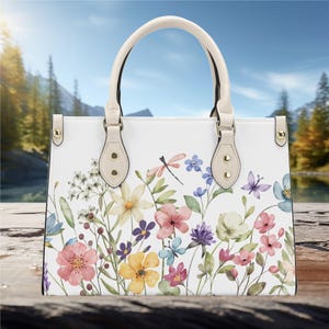 Luxury Women PU leather Handbag tote purse beautiful spring floral dragonfly botanical garden of wildflowers Cottagecore farmhouse design