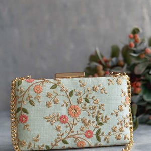 Floral creeper bridal box clutch - Mint, Embroidered floral silk bag, designer purse, wedding gift, Diwali gifts