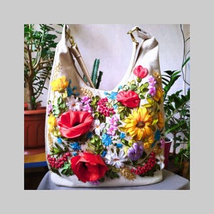 Bag in Ukrainian style with embroidery with ribbons. Embroidery poppies, sunflowers. Handmade by hand. Unique ribbon embroidery.
