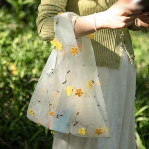 Tote Bag with Embroidered Flowers • Mesh Sheer Floral Purse • Kawaii Sweet Girl Handbag • Lightweight Transparent Shoulder Bag Gift