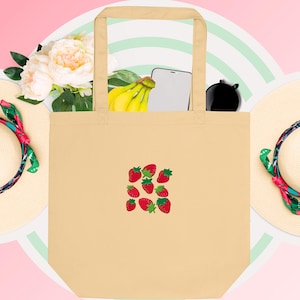 Strawberry Embroidered Tote Bag – Organic Cotton Eco Bag – Cute Reusable Grocery Bag
